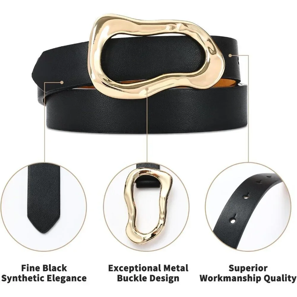 Women's Black Stylish Gold Buckle Fashion Leather Waist Belt Perfect For Jeans